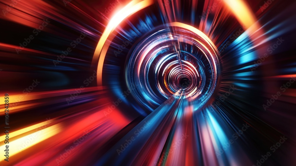 Poster futuristic image of a vibrant tunnel with light effects and motion blur. high speed shot creating an