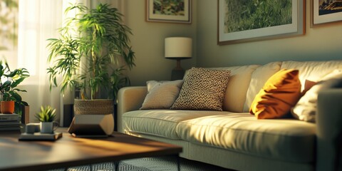 Spacious living room with plush couch, plants, and warm lighting.