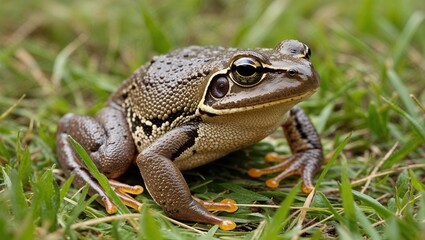 Fototapeta premium A frog sits elegantly on grass, showcasing its natural habitat.
