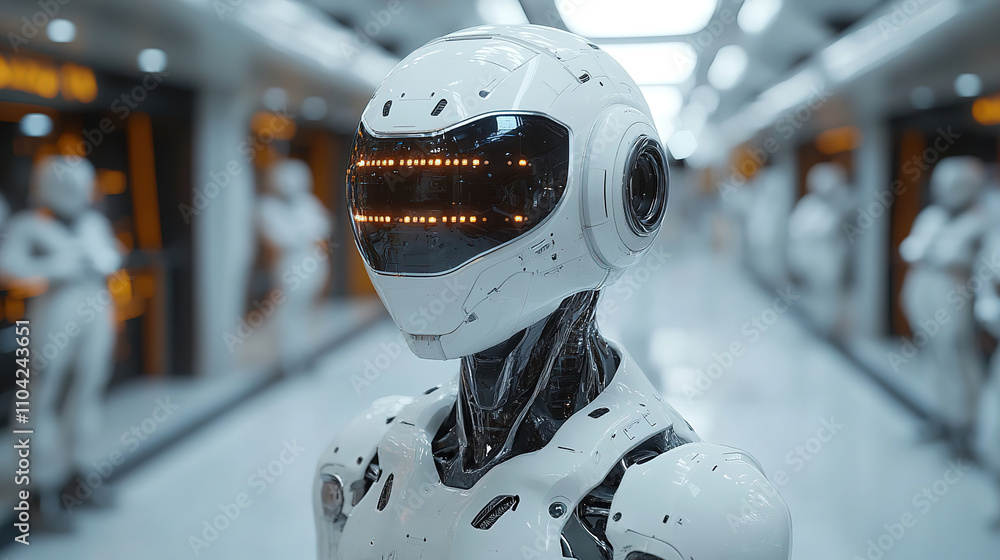 Poster robot technology showcases futuristic design in a sleek, modern environment with other robots in the
