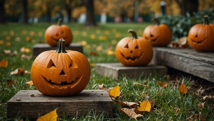 Autumn park scene with humorous pumpkin decorations.