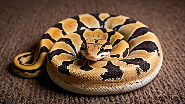 A striking yellow and black python poses elegantly on its mat.