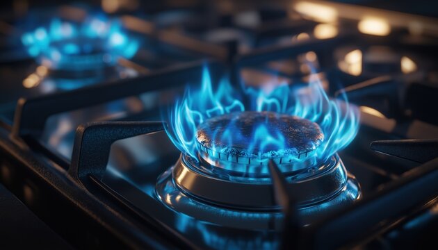 Europe Experiencing Record-Breaking Natural Gas Prices: 3d Closeup Of Blue Flames In Domestic Kitchen Stove Burning Methane Gas. Fuel Economy And Energy Crunch In Eu Industrial Sector