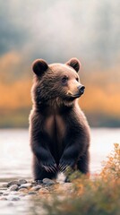 Obraz premium Brown bear standing near a tranquil body of water in a lush natural environment