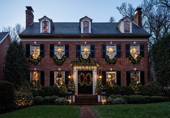 Classic brick house decorated for Christmas, dusk shot highlighting red color, black shutters, and lanterns,