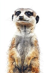 Cute little animal with a big smile on its face. The animal is a meerkat, and it is standing on a white background