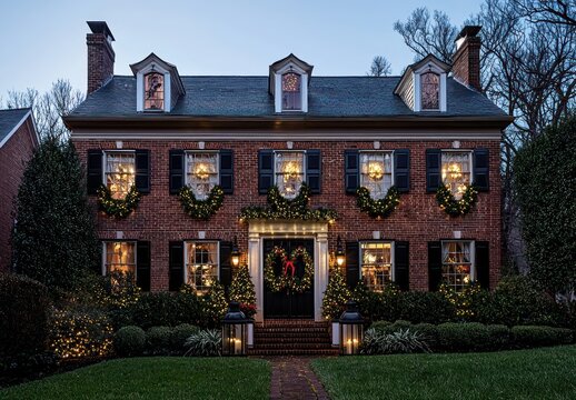 Classic brick house decorated for Christmas, dusk shot highlighting red color, black shutters, and lanterns,