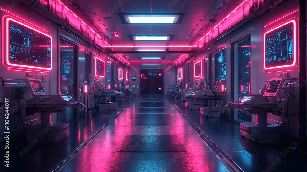 Aufkleber high-tech corridor in a futuristic lab illuminated by neon lights at night showcases advanced techno