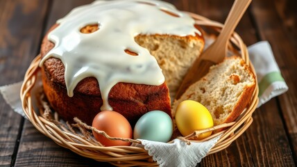 Easter cake with colorful eggs on a rustic wooden table, invitingly garnished with icing and a slice removed