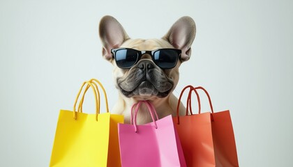 French Bulldog Pup Carrying Shopping Bags Prepared For Deals And Offers At The Shopping Center, Against A White Background.