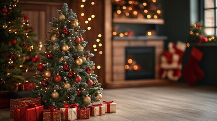 A beautifully decorated Christmas tree stands tall in a cozy room, adorned with twinkling lights and colorful ornaments, while gifts are neatly placed beneath it.