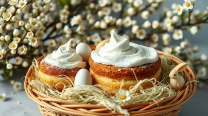 Fototapeta premium Springtime dessert basket featuring delightful cakes and decorative eggs with fresh flowers