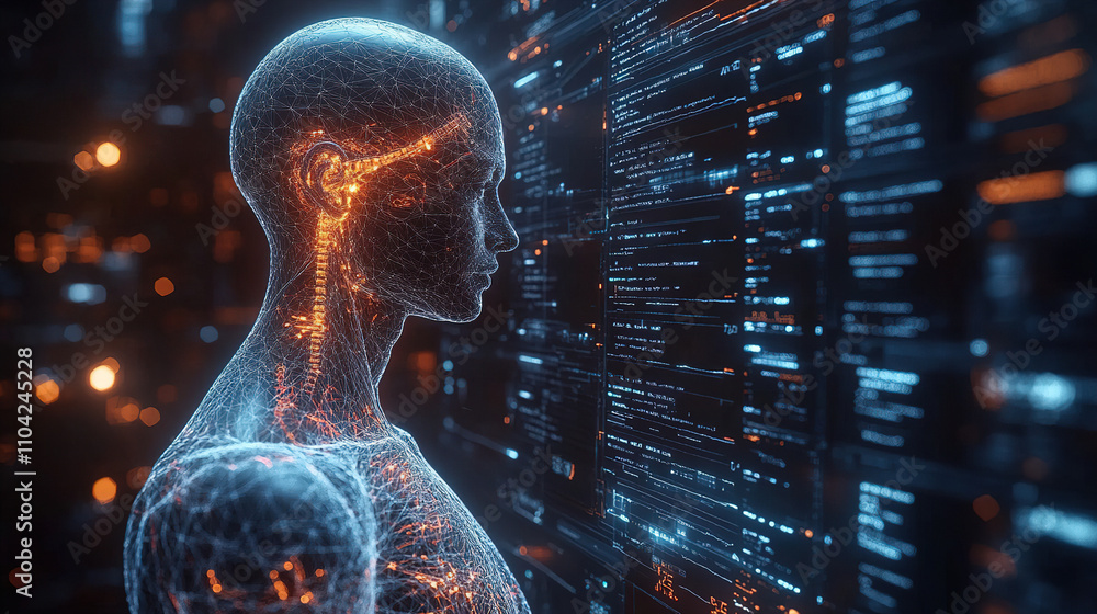Aufkleber digital human figure interacts with glowing data screens in futuristic environment. generative ai