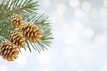 Two frosty pine cones dangle gracefully from a snow-kissed pine tree branch, capturing the essence of a serene Christmas wonderland.