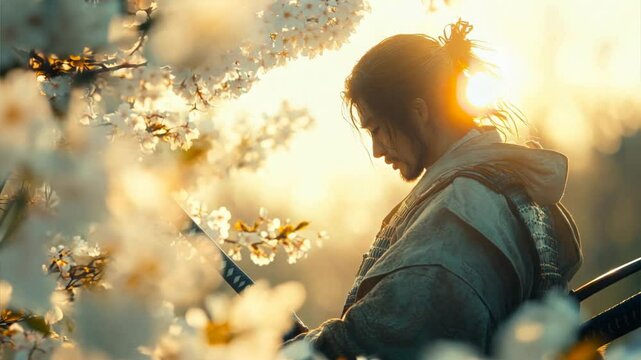 Samurai Warrior with Sword in Cherry Blossom Landscape at Sunset