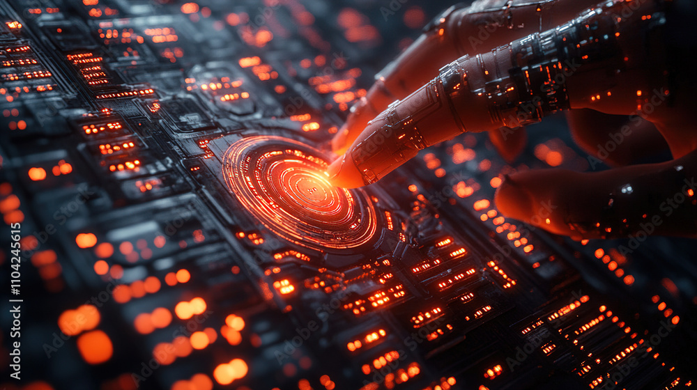 Aufkleber intricate digital circuitry illuminated by orange lights with a hand interacting with a central glow