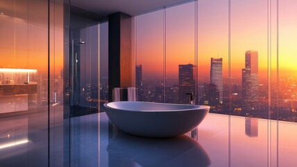 A modern bathroom features a freestanding tub with a stunning city skyline view at sunset, surrounded by glass walls.
