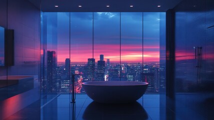 A modern bathroom features a sleek bathtub with floor-to-ceiling glass walls, offering a stunning sunset view over a vibrant city skyline.