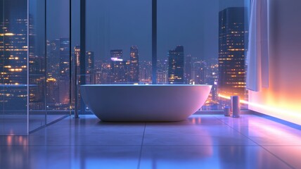 A modern bathroom features a sleek bathtub, surrounded by glass walls with a stunning city skyline illuminated at night.