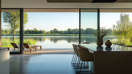 A serene lakeside view from a modern interior, featuring large windows, minimalist furniture, and lush greenery outside.
