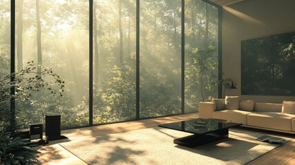 A serene living space with large windows offering a view of a misty forest, blending indoor comfort with the tranquility of nature.