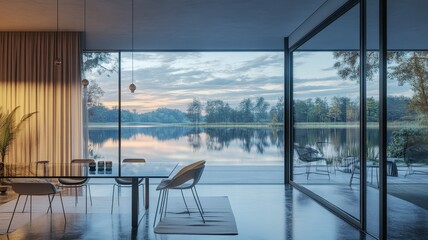 A modern interior space with large glass windows, showcasing a serene lake view and a tranquil landscape.
