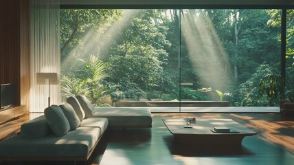 A serene living room with a cozy sofa, bathed in sunlight streaming through large windows, showcasing a lush green forest outside.