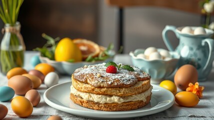Freshly made cake with decorative eggs and vibrant fruits on a rustic table setting during spring festivities