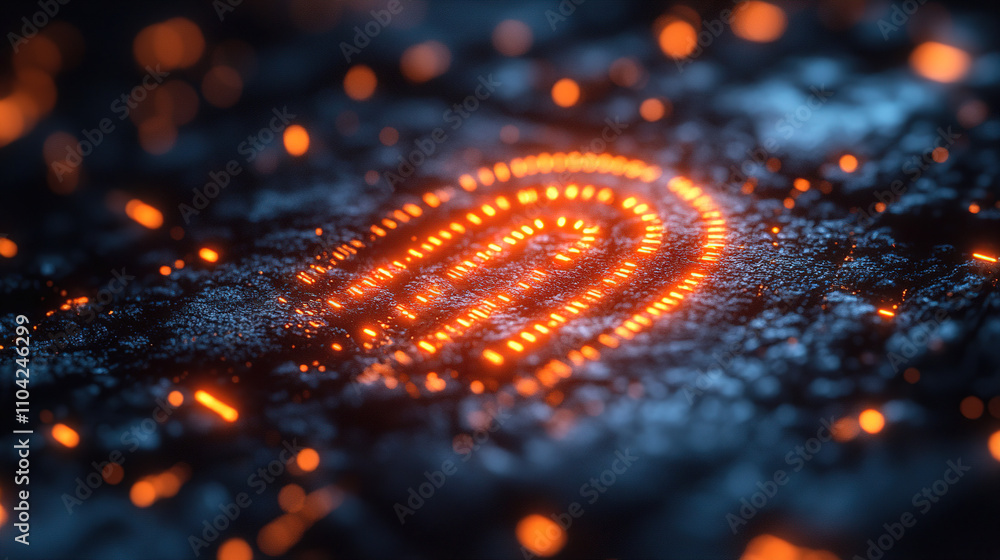 Poster digital fingerprint representation glowing on a textured surface in a dark environment with bright o