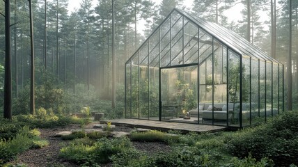 A serene glass greenhouse nestled in a misty forest, surrounded by lush greenery and tranquil nature, inviting a sense of peace and connection with the outdoors.