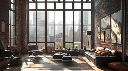 A spacious urban loft featuring large windows, modern furnishings, and a cozy ambiance, overlooking a city skyline.