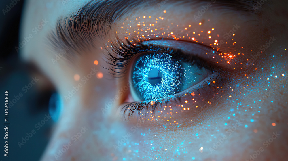 Aufkleber creative portrayal of a human eye with dazzling sparkles in a futuristic setting emphasizing detail 