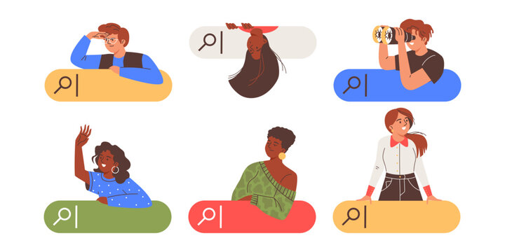 Vector set with curious young girls and boys using the search bar to find information.