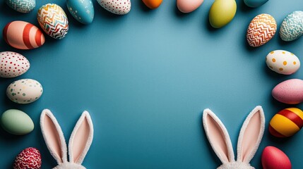 Whimsical top view of Easter bunny ears and pastel eggs surrounding an empty center, perfect for creating a greeting or invitation on a pastel background