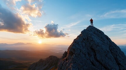 A lone hiker stands atop a rugged mountain peak, basking in the golden glow of a breathtaking sunset, with vast landscapes stretching into the horizon.