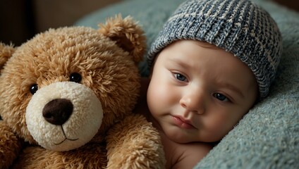 Baby boy cuddling a teddy bear.