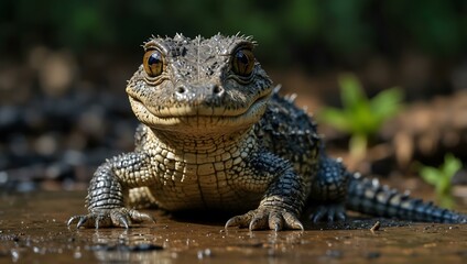 Fototapeta premium Baby crocodile in the Amazon rainforest of Manu National Park, Peru.