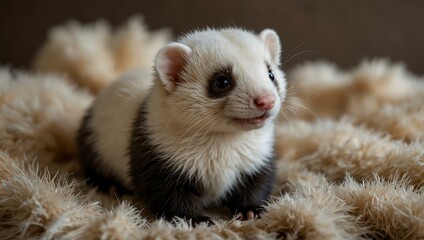 Baby ferret posing on rabbit fur.