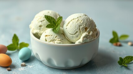 Creamy vanilla ice cream scoops served in a bowl with pastel candy and mint leaves on a blue background