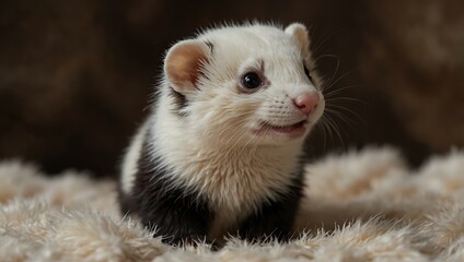 Baby ferret posing on rabbit fur.