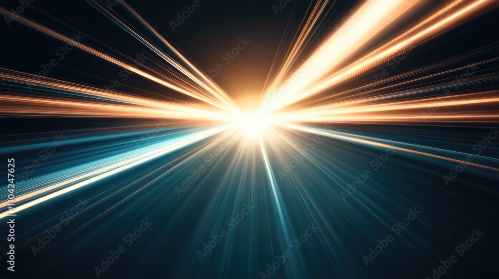 Poster dynamic rays of light explode from a central point, merging blue and golden hues that create a capti