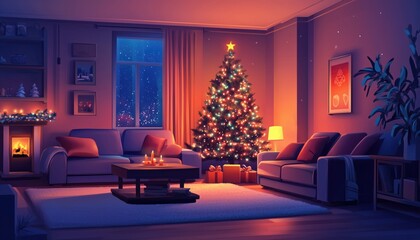 Christmas Tree, Sofas, And Glowing Lights In The Interior Of A Living Room. The Room Is Beautifully Decorated For The Holidays.