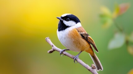 Obraz premium Charming small bird perched on a branch with vibrant yellow and green background, showcasing its detailed plumage and delicate features during daylight hours.