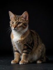 Obraz premium Baby Manx cat standing, left side view, isolated on black background.