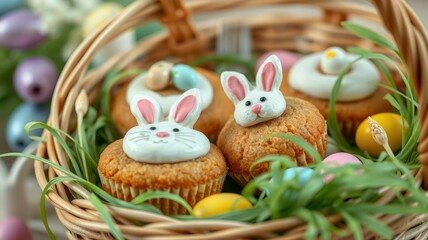 Festive Easter cupcakes arranged in a decorative basket with colorful eggs and grass