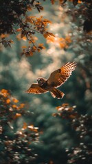 Fototapeta premium A majestic owl soars through a vibrant forest, surrounded by autumn foliage, capturing the essence of wildlife in motion.