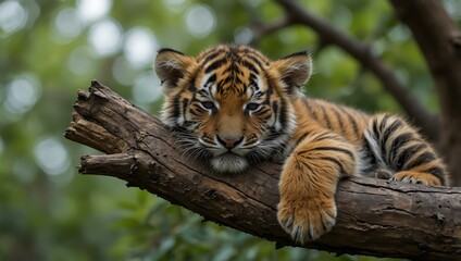 Obraz premium Baby tiger sleeping peacefully on a tree branch.