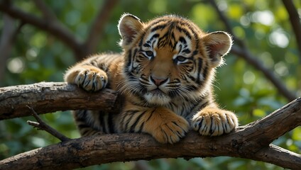 Obraz premium Baby tiger sleeping peacefully on a tree branch.