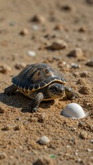 Fototapeta premium Baby turtle resting on sand with an eggshell nearby.
