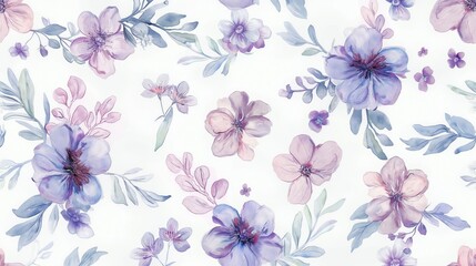 Watercolor pattern with different purple flowers on a white background. Watercolor delicate floral pattern.